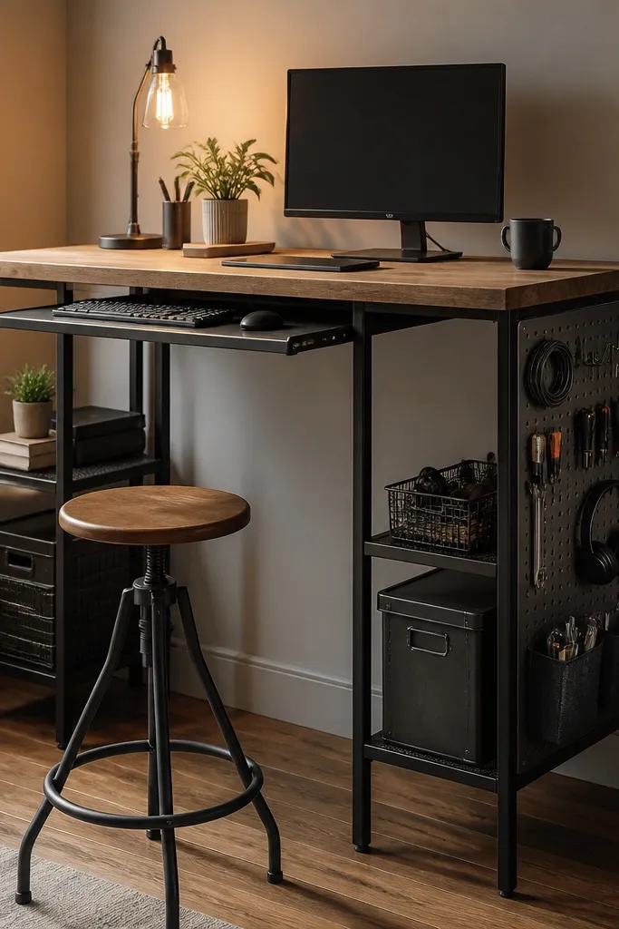 A standing desk made from a tall FJÄLLBO shelving frame with a tabletop on top. A keyboard tray slides out from the front, and a pegboard panel is mounted on the side for tools. Warm bulbs in a small lamp glow over the workspace.