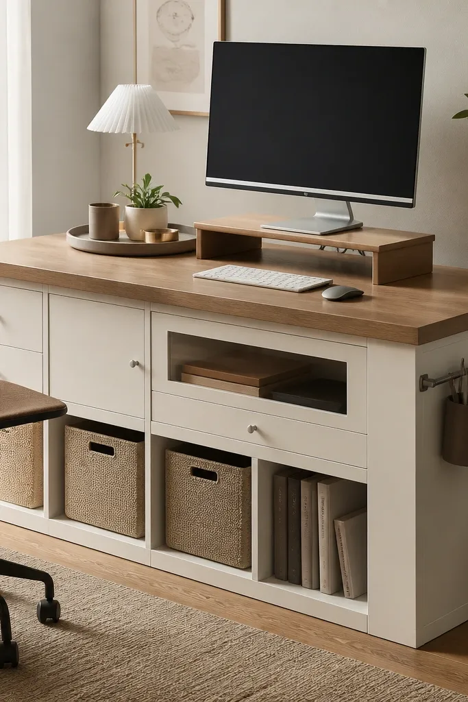 A KALLAX unit turned into a desk with a wood top. One front drawer has a glass panel insert, and a thin metal rail runs along the side for organizers. The top surface has a tidy tray and a monitor on a riser.