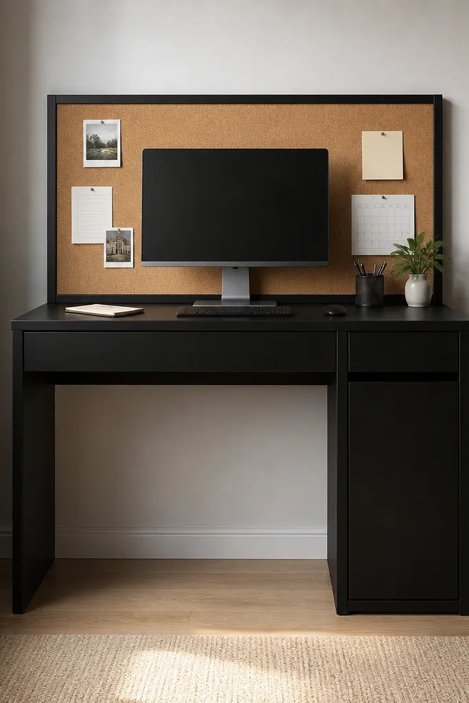 A MICKE desk with a cork pinboard mounted behind the desk surface. The cork is framed with thin black strips. Pins hold a few notes and a small calendar, while a monitor sits centered.