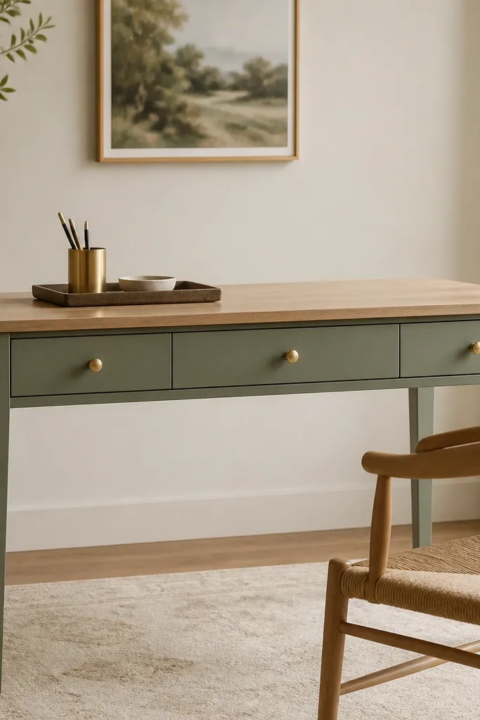 A desk with a light wood top and drawers underneath. The front panel is painted a muted sage green, and brass knobs sit centered on each drawer. The legs are clean and simple, and the desktop has a tray with a brass pen cup.