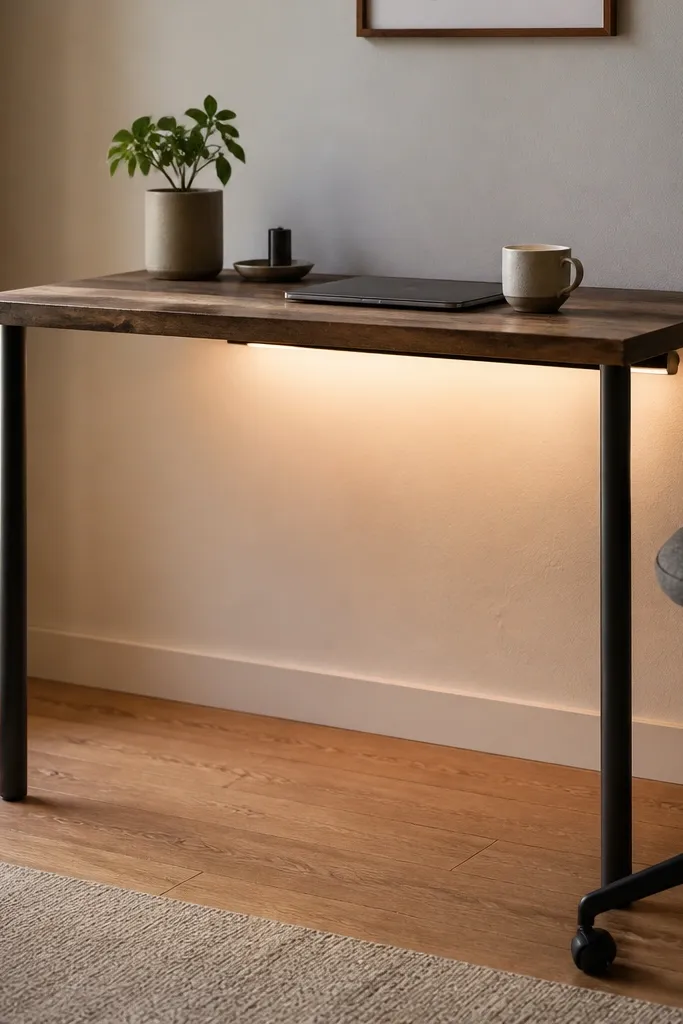 A simple desk with two ADILS legs and a laminate top that looks like reclaimed wood. Under the top, a slim LED light bar is attached to a shelf bracket. The lighting creates a warm pool under the desk.