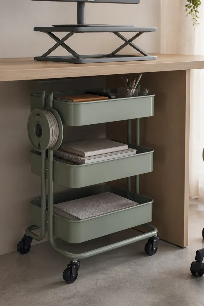 A RÅSKOG cart pushed under a countertop-like work surface. A folding monitor stand sits on top, and two rolling trays hold notebooks and pens. The cart has black wheels and a small cable spool attached to the side.