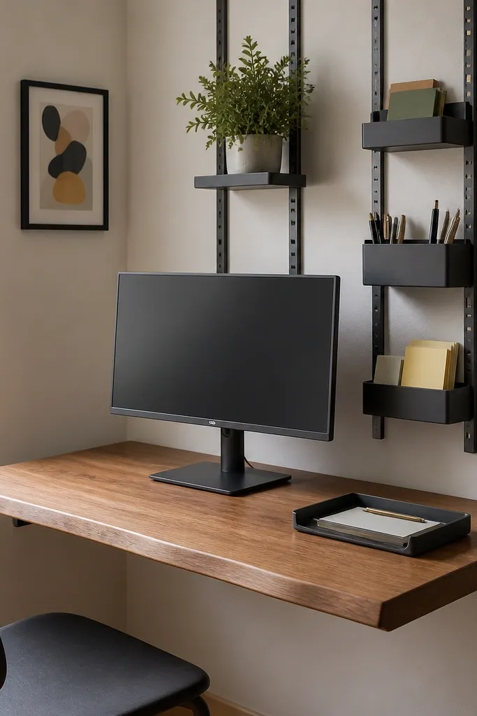 A wall-mounted desk top with a vertical rail system above it. Small spice racks hold pens and sticky notes. A cable-free desktop shows a clean monitor and a single tray.