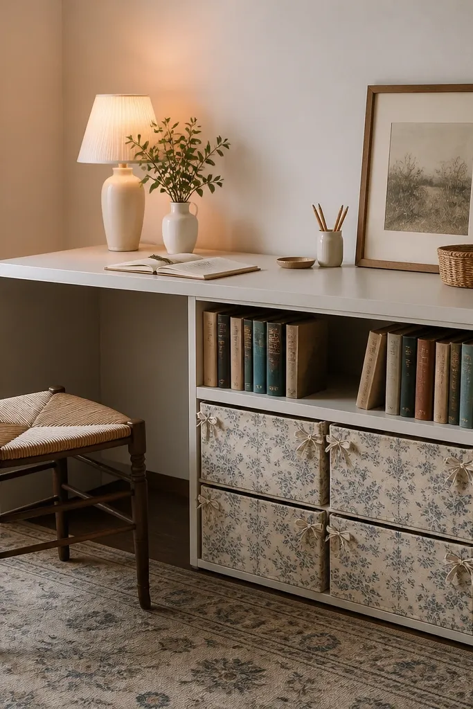 A BILLY bookcase turned sideways into a desk with a laminate top. Drawer fronts are covered with patterned fabric panels tied with corner ties. A few books sit in the upper shelves and a lamp glows.
