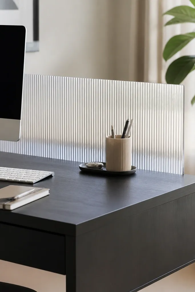 A MICKE desk with a ribbed acrylic desk divider behind the keyboard. A pen station sits on a small tray, and the divider catches light with subtle lines. The desktop is mostly clear with a few organized items.