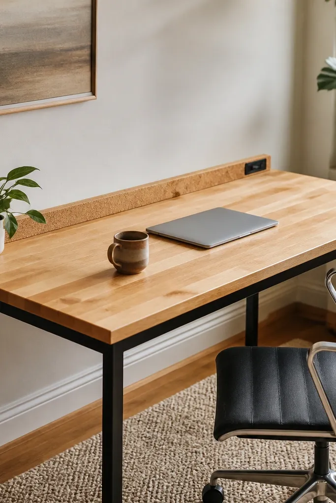 A desk with metal table frame and a butcher-block style wooden top. A strip of cork runs along the back edge to cover cable runs, and a small label area sits beside the cork strip.