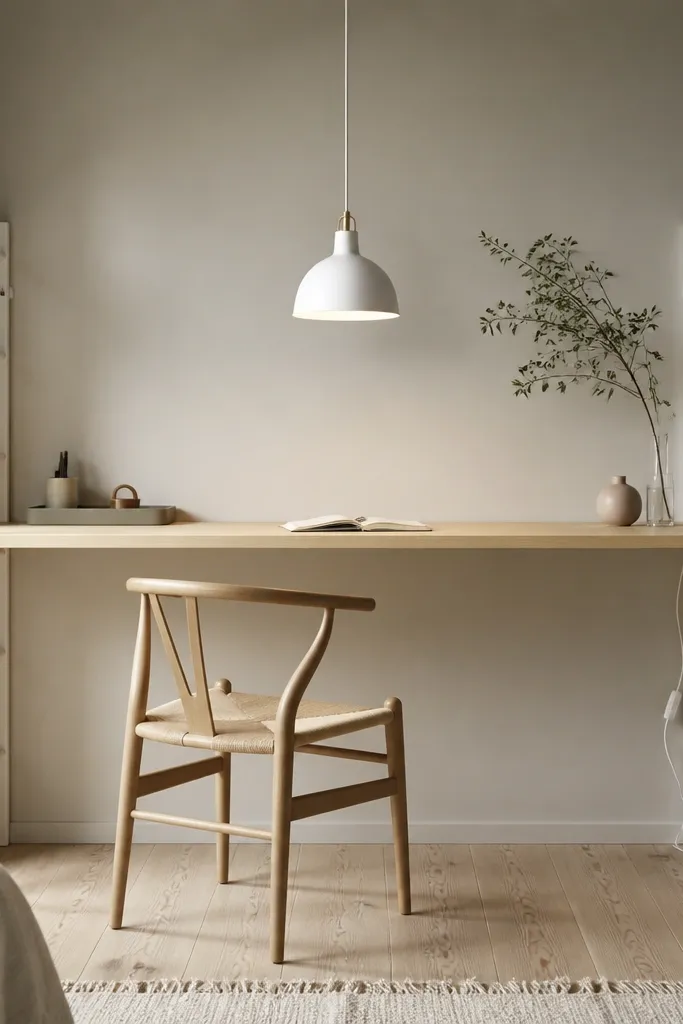 A long EKBY shelf acts as the desk top, supported by two ladder-style side frames. A hanging task light drops over the center. The desk has a minimal organizer tray and a cable is routed down the ladder side.