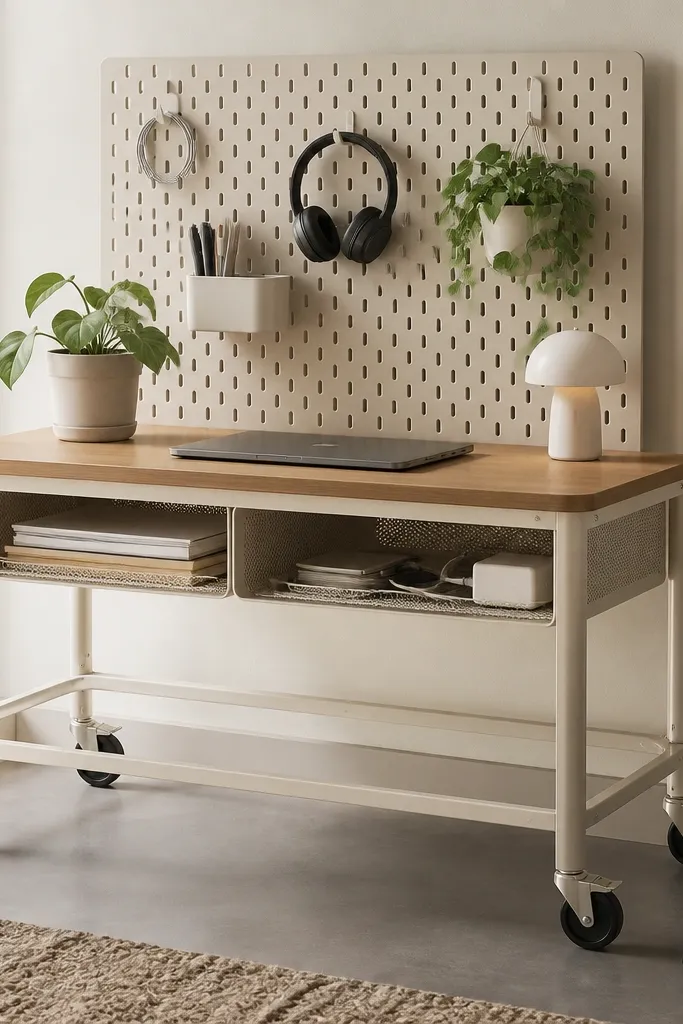 A STENSTORP trolley with a wood top. A pegboard panel is mounted behind with hooks holding headphones and a small plant. Under the desk, bins slide into open space for paper and chargers.