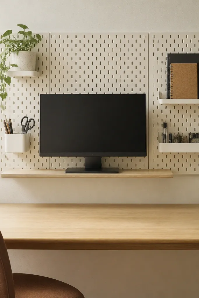 A SKÅDIS pegboard-style organizer mounted on the wall behind a desk. A floating shelf holds the monitor, and removable SKÅDIS trays hold pens, a planner, and small tools. The desk top is mostly clear.