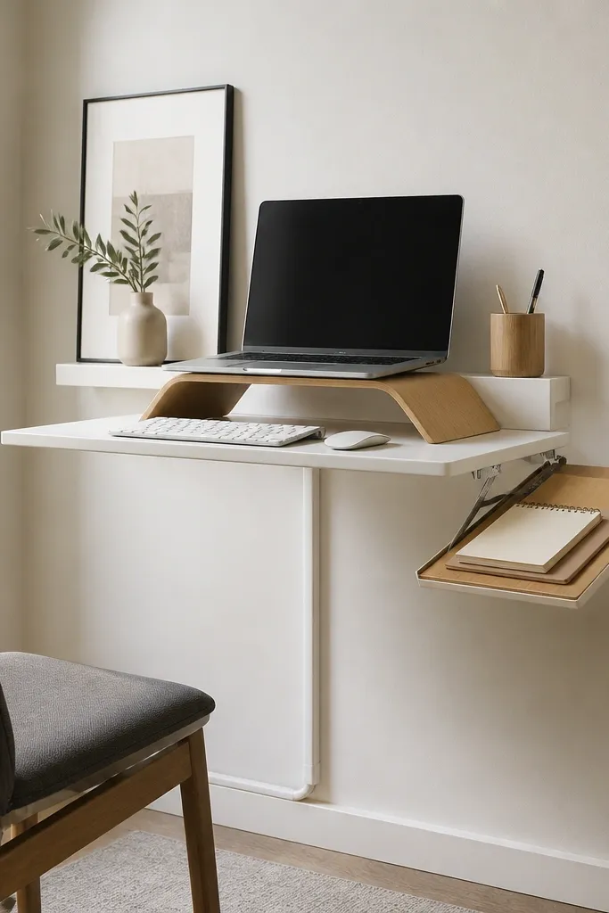 A compact desk made from a RIBBA picture ledge mounted to the wall. A fold-out side shelf swings down for documents. The setup has a small laptop stand and a tidy cable run.