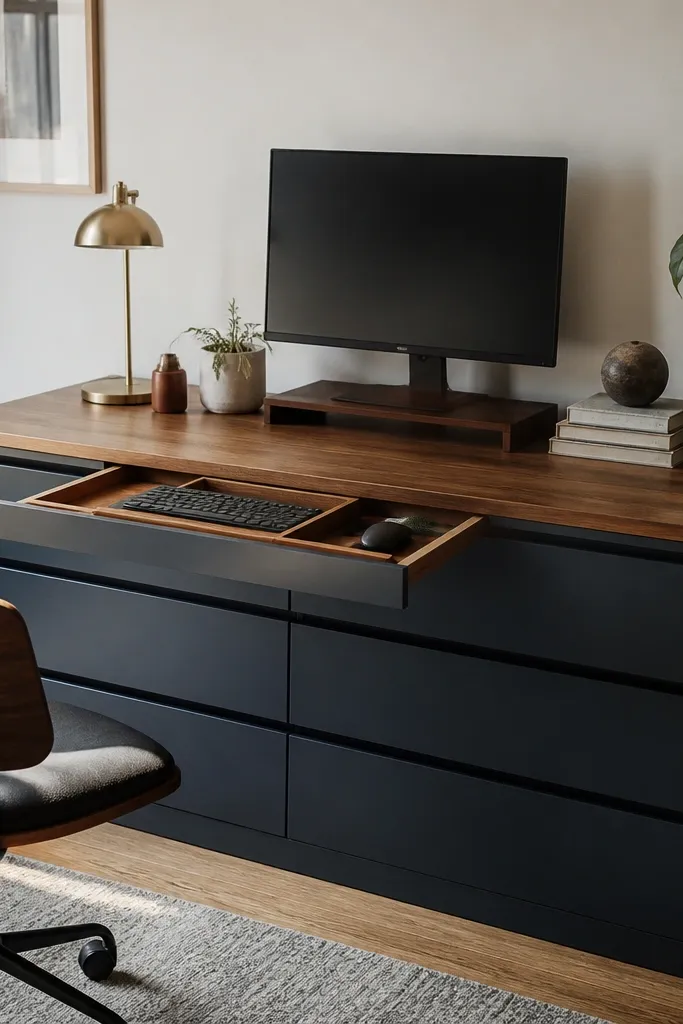 A MALM dresser used as the desk base with a wood top. A removable tray insert sits near the keyboard area. Brass corner guards protect the edges, and a small drawer organizer sits inside.