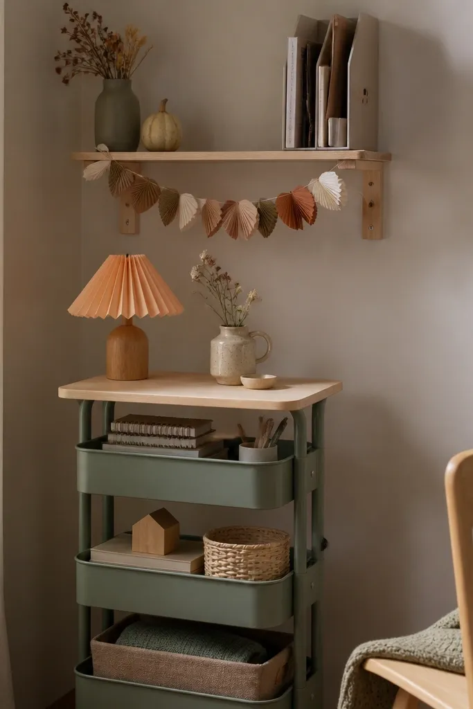 A RASKOG cart acts as the base, topped with a small work surface. A wall shelf hangs above with a vertical file holder. The decor changes seasonally with a small wreath-like paper garland and a seasonal lamp shade.