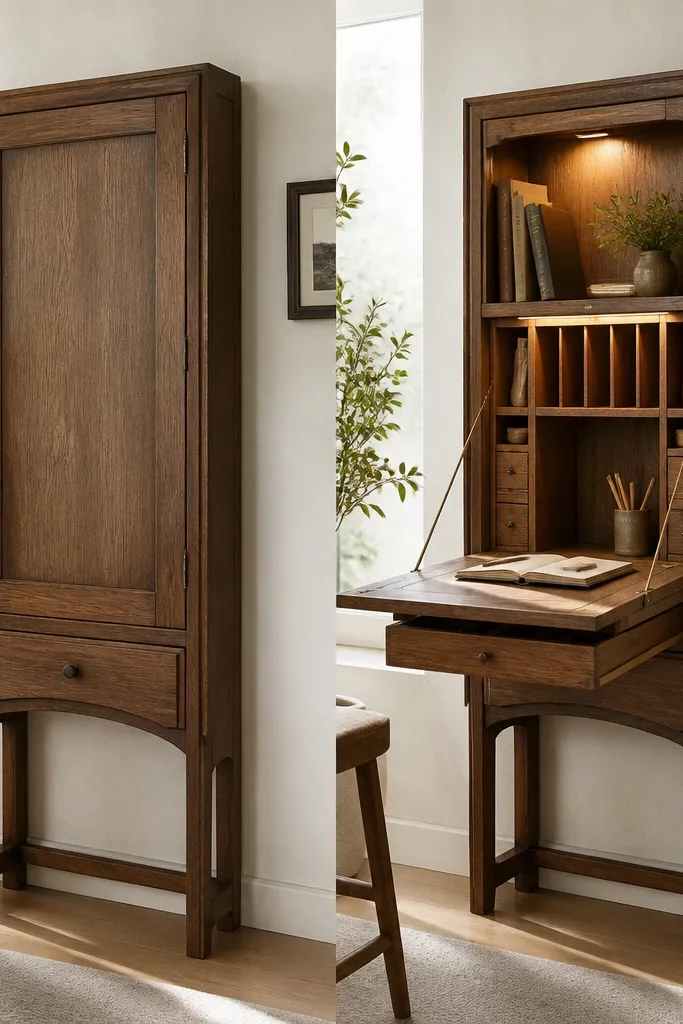 A desk built from a tall cabinet frame with a hinged writing panel that flips down. When closed, the front looks like a cabinet door. When open, it reveals a writing surface with a small light and a drawer for stationery.