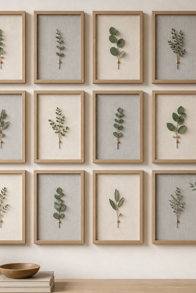 A wall display made from multiple small Ikea frames arranged in a grid. Inside each frame is a linen-look fabric panel in warm cream and pale gray, with thin gold pushpins holding tiny sprigs of faux eucalyptus. The frames are aligned, with uniform spacing.