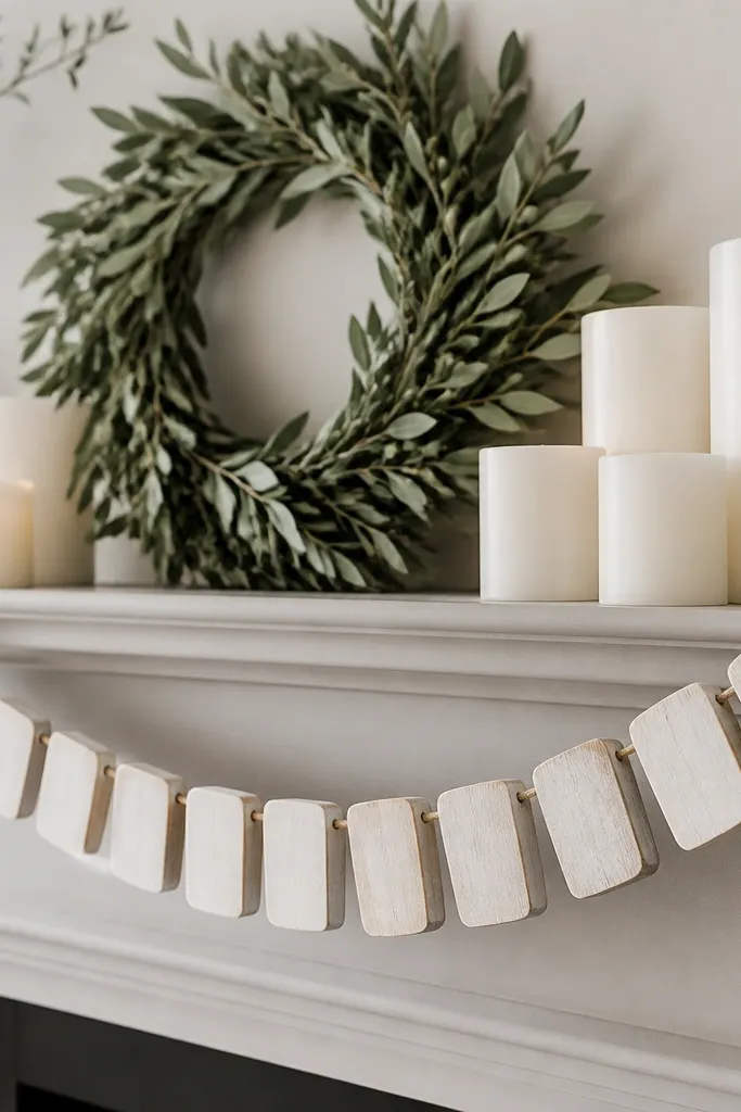 A long garland draped across a mantle made from small birch-toned wood pieces cut from Lack shelf boards. Each segment has a slightly rounded edge and is connected by thin white twine. The garland sits over soft white candles and a simple green wreath.