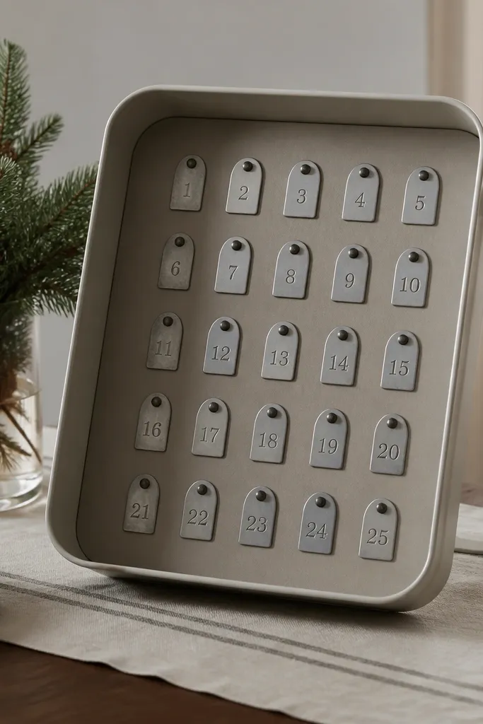 An Ikea Raskog cart tray used as an advent display. Small numbered metal tags are magnet-mounted to a sheet of thin steel fixed under a backing board. The tray sits on a table with a neutral runner and a small evergreen branch arrangement.