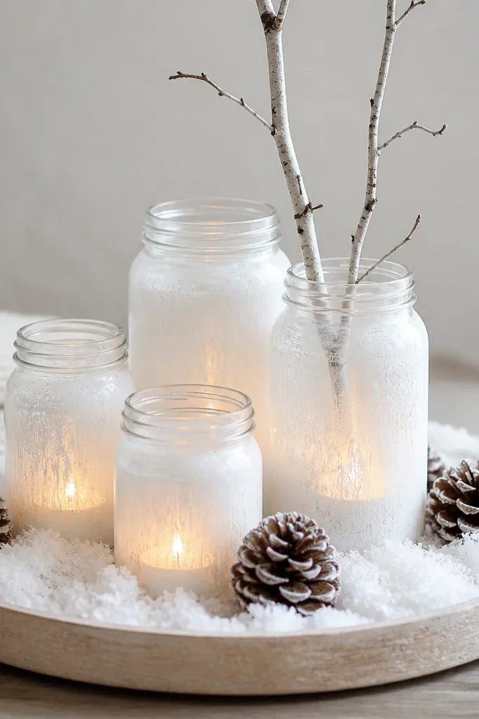 A cluster of clear glass jars with white painted interiors. Each jar has a small LED candle inside. The jars sit on a tray with faux snow and a few pinecones, with one jar holding a narrow birch branch.