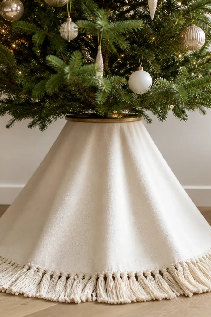 A tree skirt made from a cream tablecloth with many cut fringe tassels around the edge. The skirt hangs smoothly and flares at the bottom. A brass-toned curtain rod ring supports it, creating a gentle bell shape around the tree base.