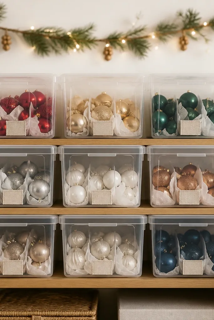 Clear SAMLA bins stacked on a shelf, each bin labeled with a small linen fabric tab. Inside, ornaments are grouped by color with tissue paper dividers. The shelf has a warm white backdrop and a simple garland line above.