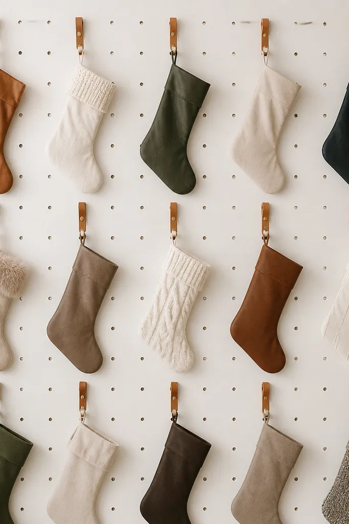 A white pegboard wall with evenly spaced leather straps holding stockings. The straps are attached with small metal hooks and rivets. The stockings hang straight, with a neat grid layout.