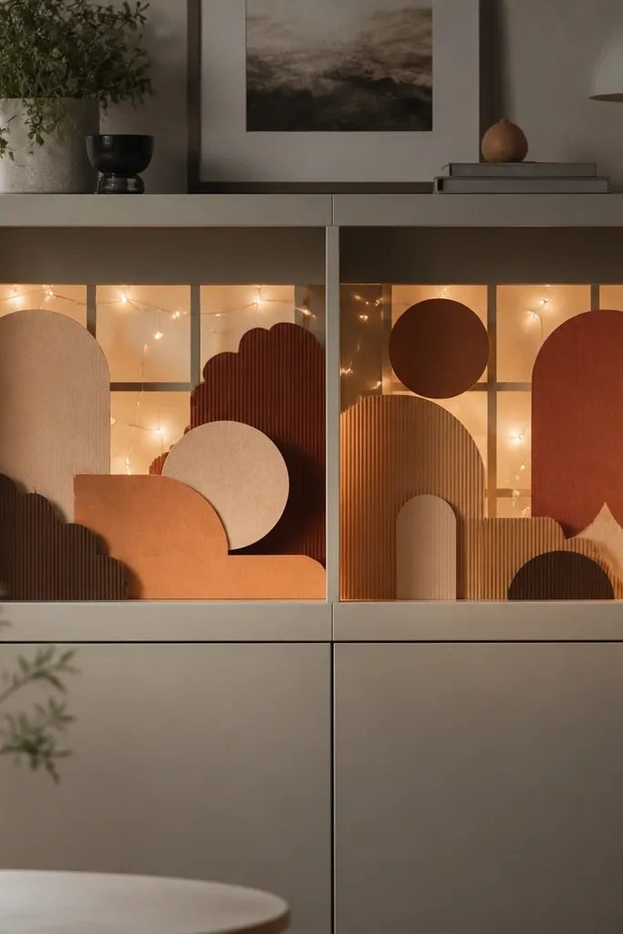 An Ikea Besta unit with the back panel styled like a window. Warm string lights are placed behind cut-to-size paper signs. The signs are layered with textured cardstock in muted oranges and browns.