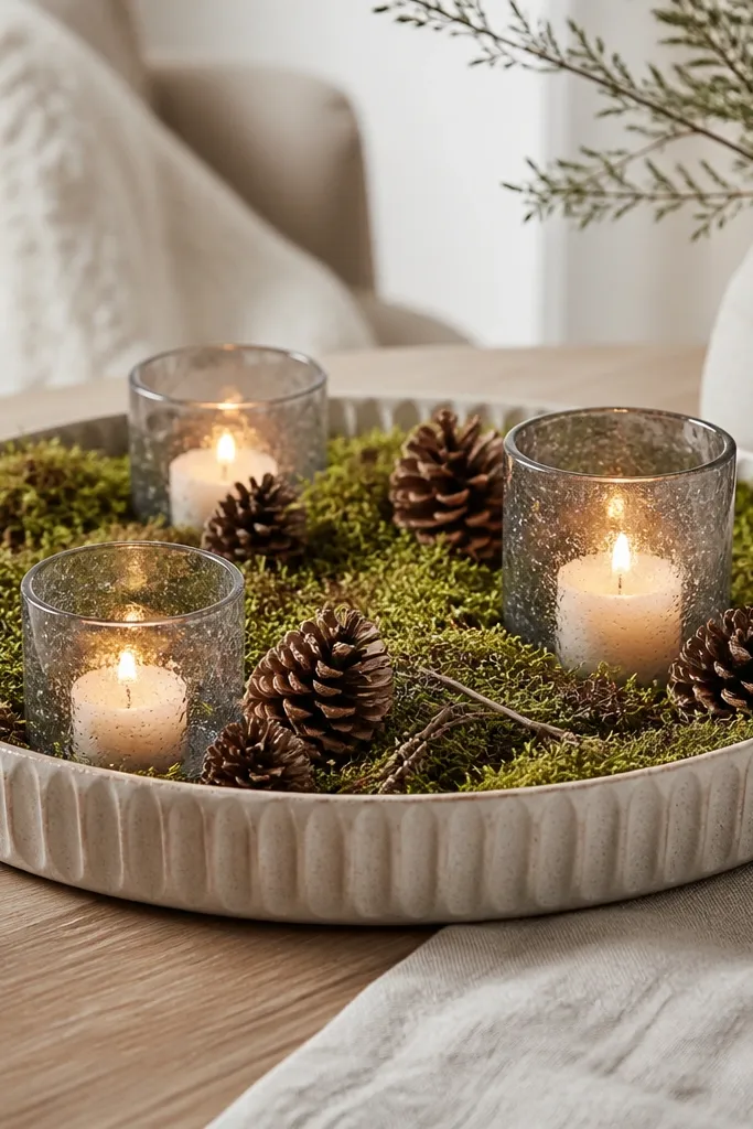A ribbed tray filled with faux moss, pinecones, and a few short candles in glass holders. The tray has a neutral base and the moss covers most of the surface. Pinecones are spaced, not piled.