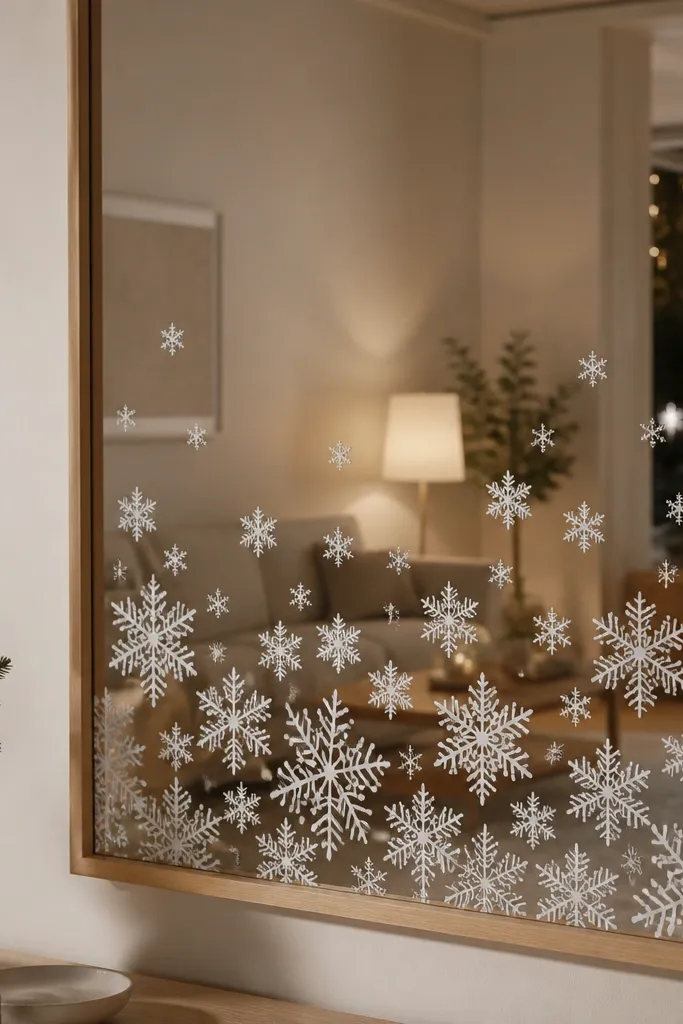 An Ikea mirror with a simple frame covered in white peel-and-stick snowflake patterns. The snowflakes vary in size and are concentrated on the lower third. The mirror reflects a warm living room light.
