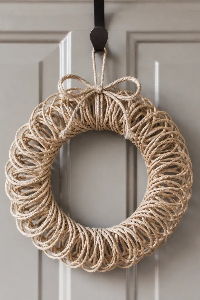 A wreath with a woven look made from many thin twine loops. The base shape is a ring of Ikea curtain rings connected together, then wrapped in twine. It hangs on a door hook with a small bow.