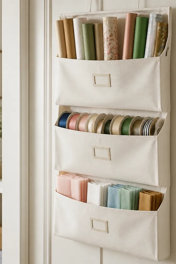 A small wall organizer made from Ikea SKUBB fabric dividers mounted to a door. Inside are stored gift wrap rolls, ribbon spools, and tissue paper. A small label tag sits on each pocket.