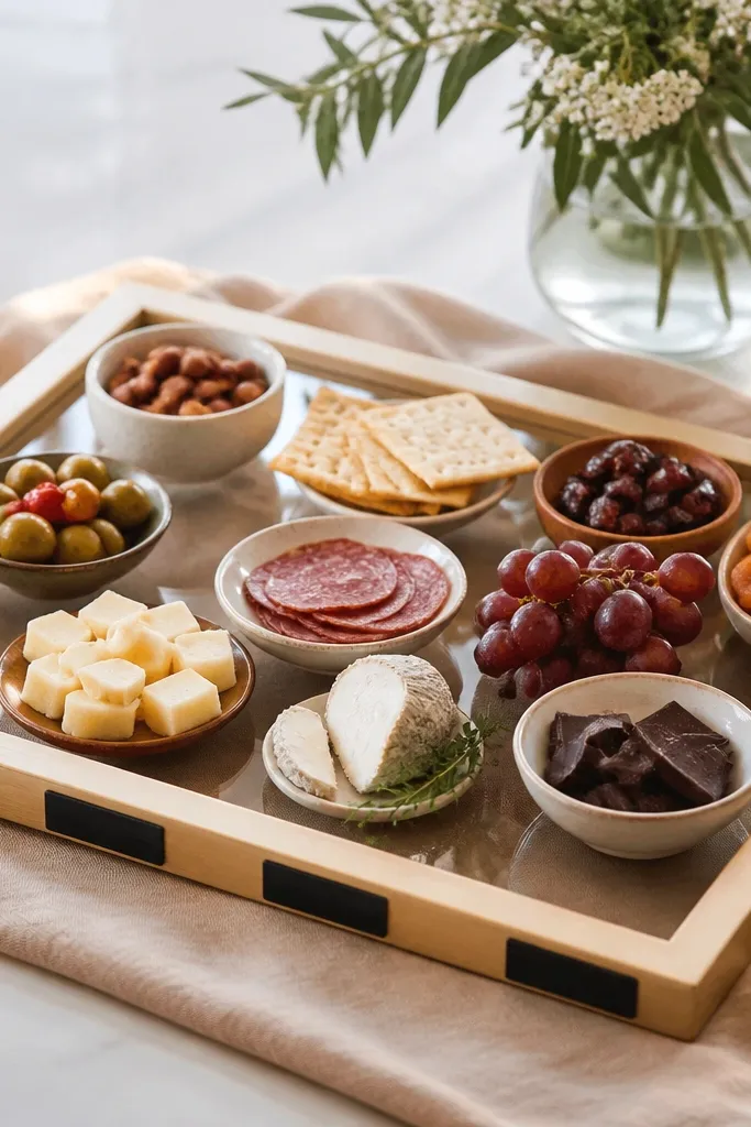 A serving tray setup made from a flat Ikea frame with a clear acrylic panel on top. Small chalkboard labels are attached to the frame edges, and the tray holds snacks on small dishes. Everything looks organized and photo-ready.