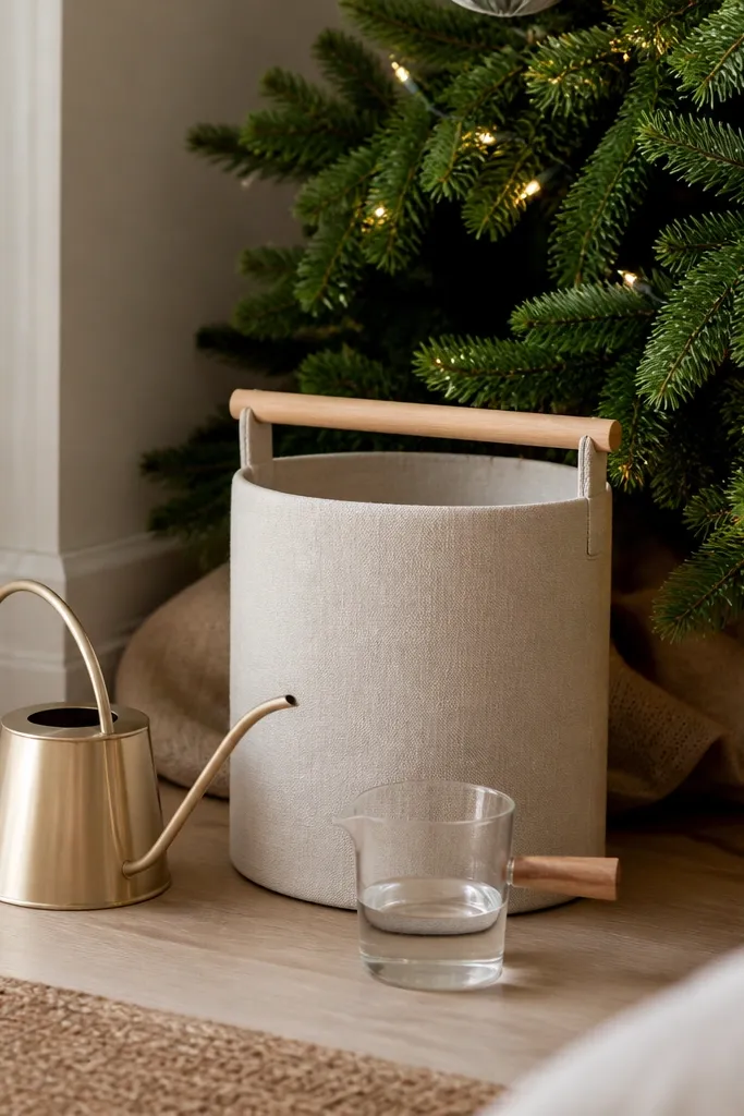 A small watering station beside a Christmas tree using a clean Ikea bucket. The bucket is wrapped in neutral fabric and topped with a wooden handle. A measuring cup and a slim watering can rest next to it.