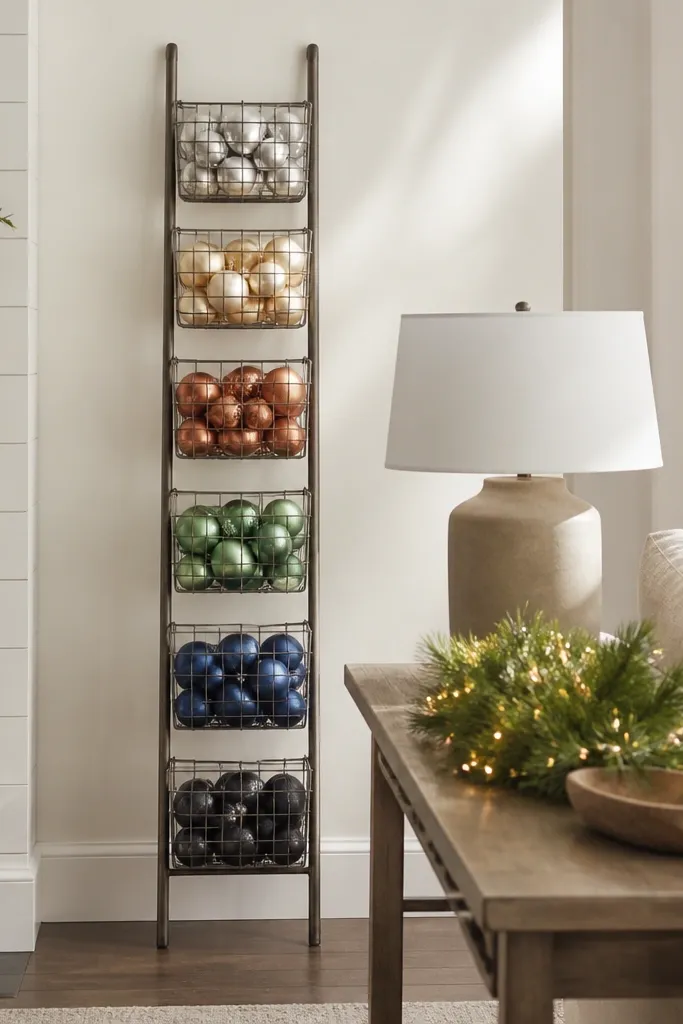 A vertical ornament ladder made from stacked wire baskets mounted to a frame. Each basket holds a few ornaments arranged by color. The ladder stands behind a sofa table and catches light from above.