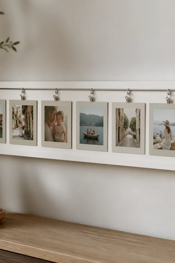 A Brimnes drawer front turned into a sliding photo display. Small photo clips attach along a track, and the drawer front hangs on the wall. The photos show holiday moments with matching muted frames.