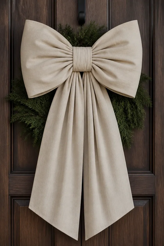 A huge door bow made from a single curtain panel. The bow hangs symmetrically on a wreath hook. The fabric has soft folds and the ends drape down evenly.