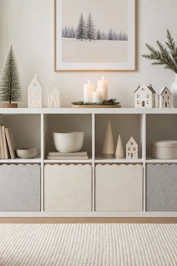 A Kallax shelf styled for winter with felt skirt panels covering the bottom row. The felt is pale gray and cream. The top holds small houses, candles, and a mini bottle brush tree, arranged with clear spacing.