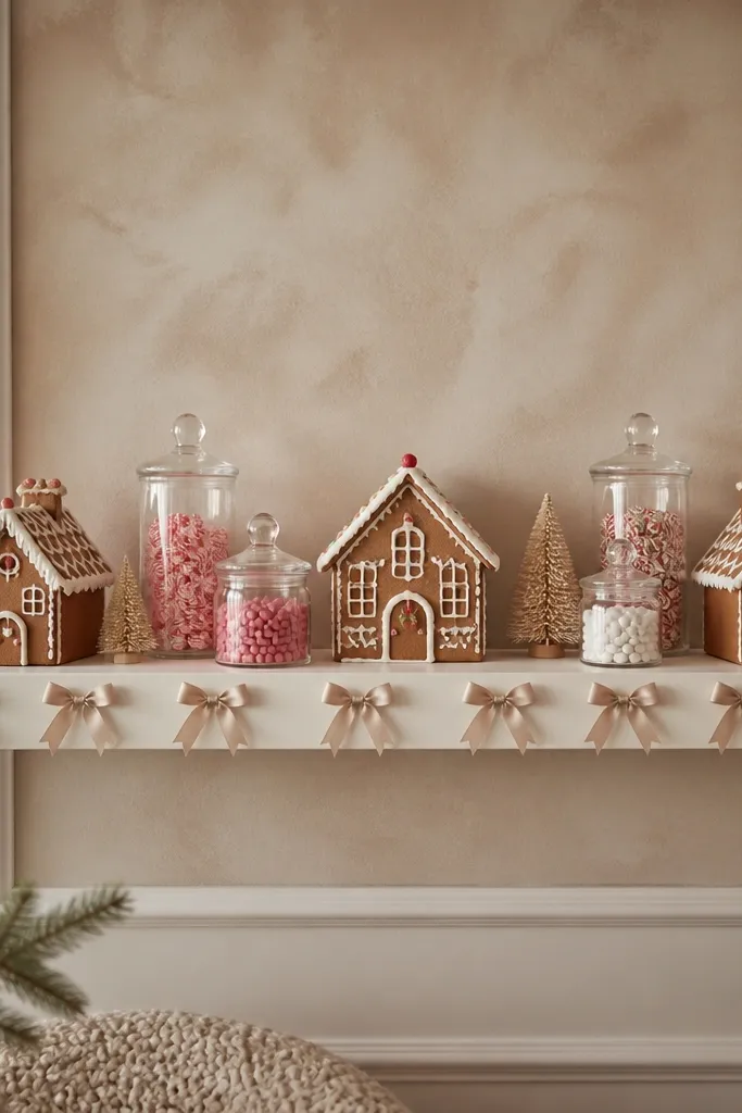 A floating Lack shelf holding miniature gingerbread houses and candy jars. The back of the shelf has a painted matte cream panel with a subtle brown wash. The front edge has a ribbon tied in a neat line.