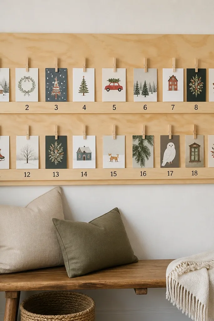 A plywood panel mounted on the wall with a neat row of numbered card slots made from thin strips. Clothespins clip holiday cards onto the slots. The panel has a light natural wood finish and sits above a bench.