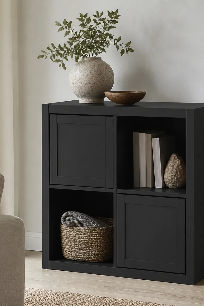 A 2x2 Kallax unit with two doors. The doors are flat black with a subtle shaker rail pattern in matte charcoal, aligned perfectly at the corners and showing a narrow reveal around each door.