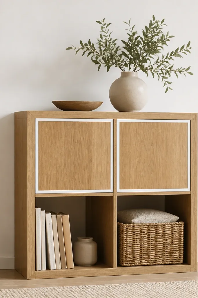 A Kallax with two swing doors in warm oak-colored panels. A white trim border frames each door, making the wood look brighter and cleaner against a light wall.