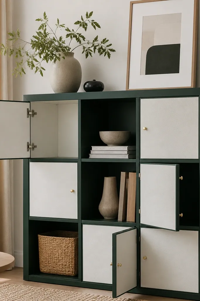 A Kallax with doors that are white on the inside panel and deep green on the outer trim. The door faces have a subtle matte vinyl texture that looks like linen.