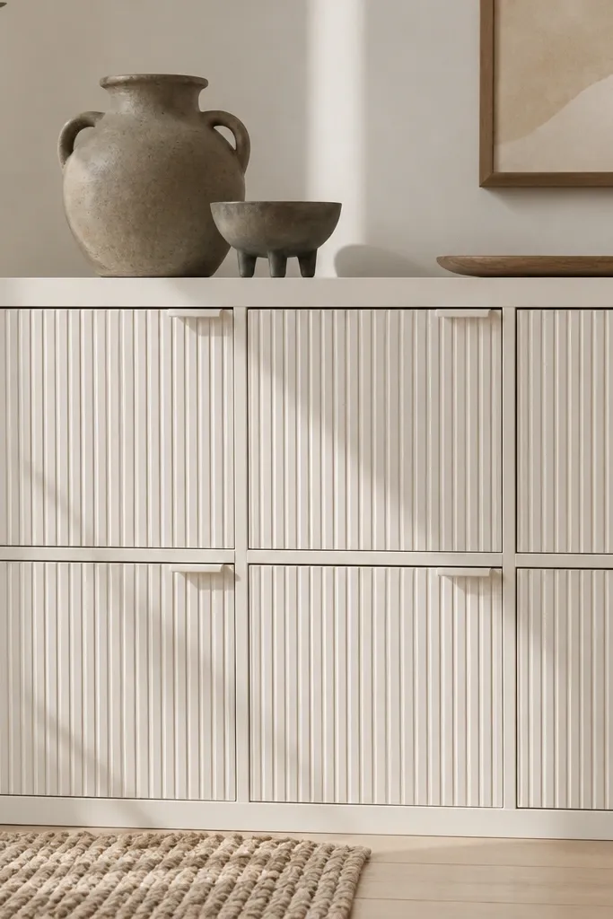 Kallax doors with vertical reeded grooves like a fluted column, painted off-white. The grooves catch light and create a soft shadow effect.