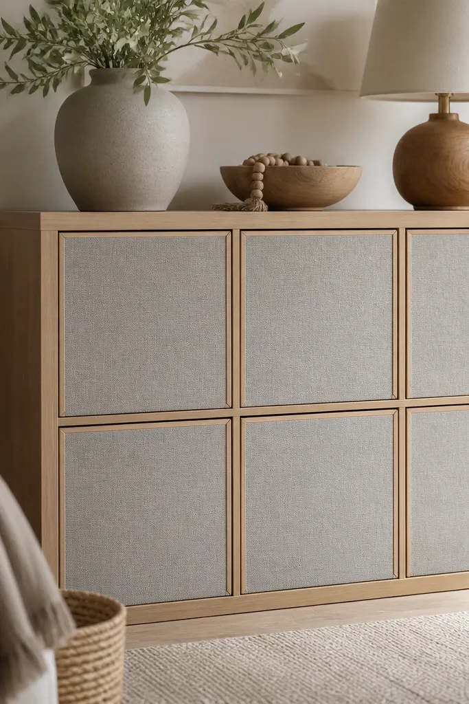 Kallax doors with fabric panels in muted gray linen behind a thin wood frame. The fabric is taut with no wrinkles, and small corner miter lines are visible.