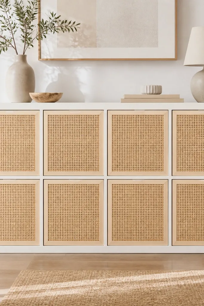 A Kallax with cane webbing doors in a light rattan tone, framed with thin white trim. The cane pattern is visible like cabinet doors.