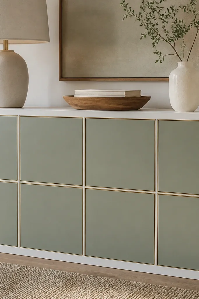 Kallax doors painted sage green with a narrow metallic gold edge band around the perimeter. The hinges are hidden and the seams look sharp.