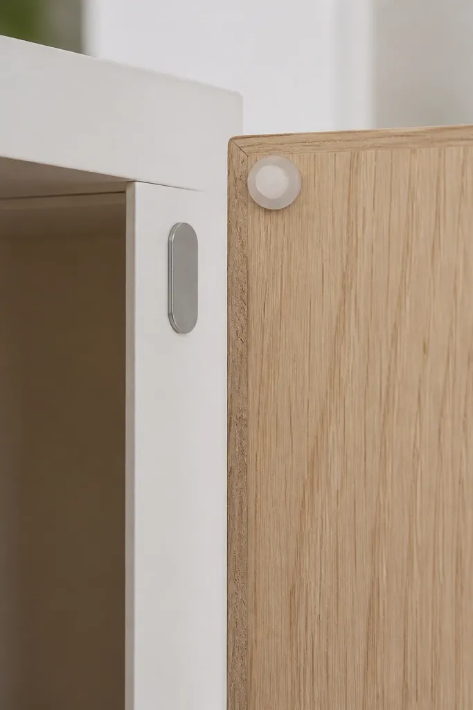 A close-up view of Kallax doors showing a small concealed magnet plate near the frame edge and a soft-close bumper at the corner.