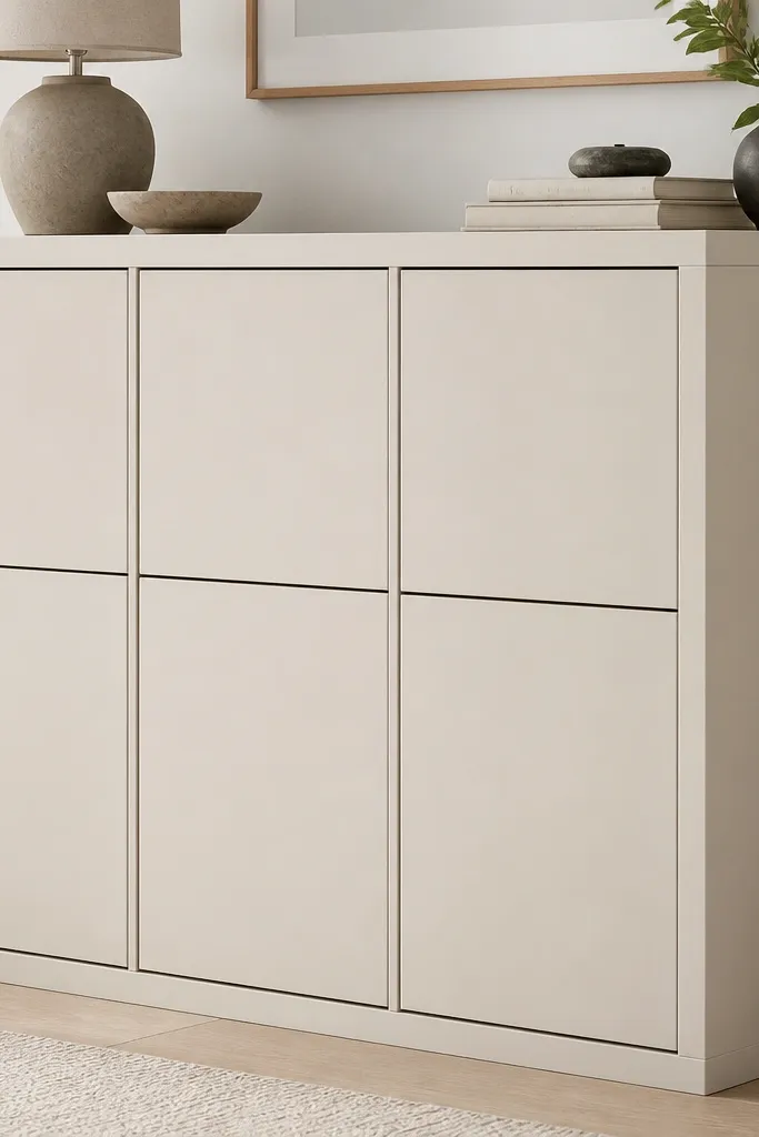 Kallax doors with minimal hardware visible. The hinge line is hidden inside the frame, and the door seam stays straight across the edges.
