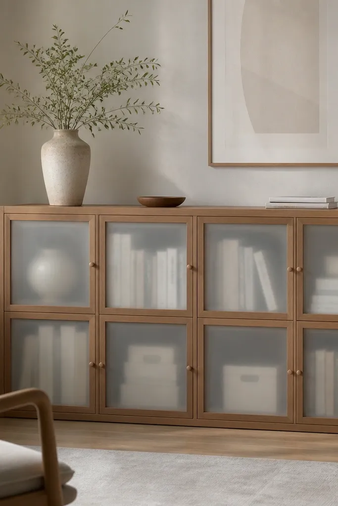 Kallax doors with frosted glass panels framed by wood. The items inside are visible as shapes, not clear boxes.