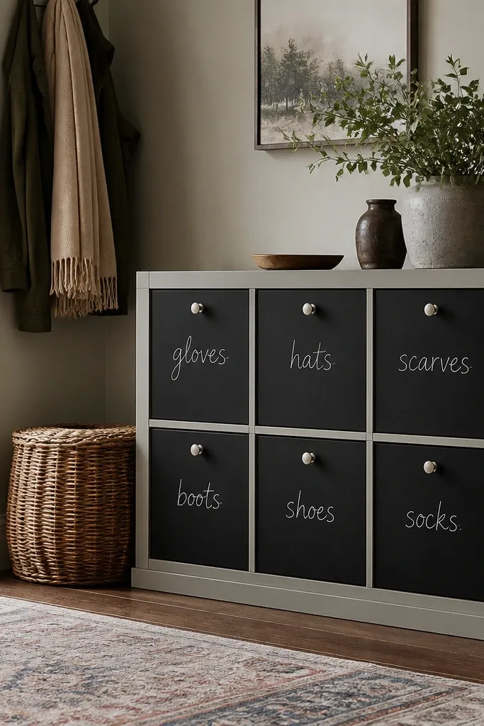 Kallax doors with chalkboard paint panels. Handwritten white chalk labels show through, and the frame is painted the same color as the room trim.