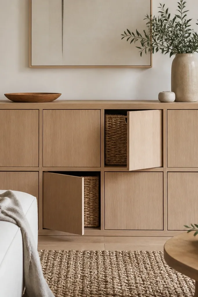 Kallax with doors that look like flat wood panels, but inside the compartments are visible woven baskets. The door fronts hide the baskets from most angles.