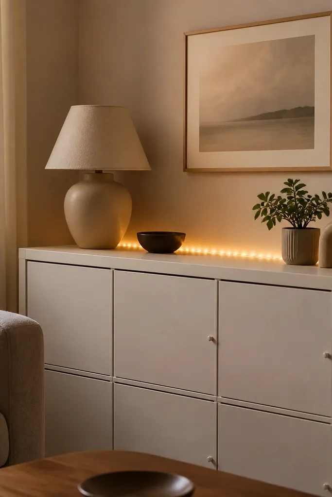 Kallax doors with a thin decorative ledge at the top edge. A string of warm white mini lights sits along the ledge behind translucent diffuser strips.